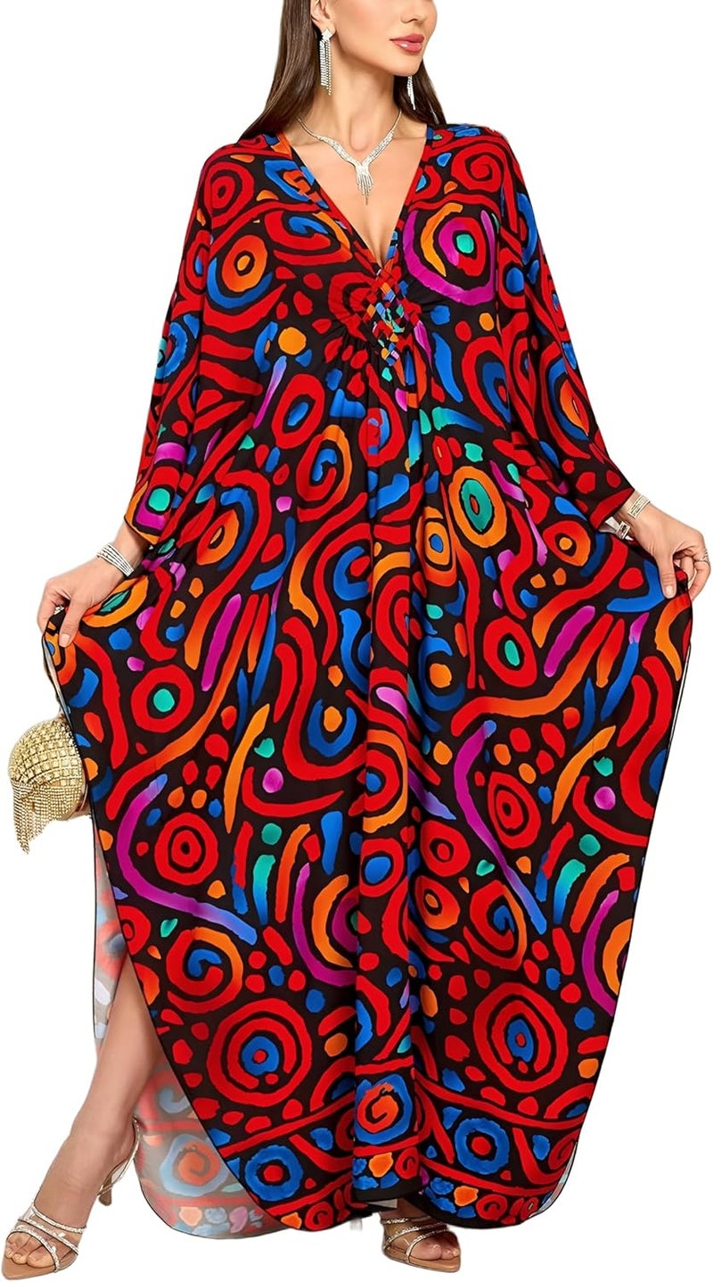 KEYLORTING Women’s Kaftan Beach Cover Up Dress Plus Size Summer Swimsuit Loungewear Maxi Dress - Image 1